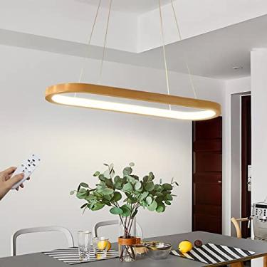 Imagem de Luminária pendente LED regulável para mesa de jantar Luminária pendente de madeira com controle remoto Luminária pendente moderna para sala de jantar Luminária pendente ajustável em altura p