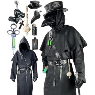 Imagem de Conjunto de fantasia de médico da peste Absolute Vibe, adereços de Halloween renascentista, medieval, monge, padre, cosplay, máscara, chapéu, roupão, bengala, Preto, XX-Small