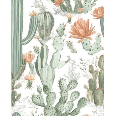 Imagem de BOKEBEVE Papel de parede de cacto verde branco descasque e cole papel de parede boêmio papel de contato botânico para armário Backsplash quarto infantil removível para locatário 43,5 x 1000 cm