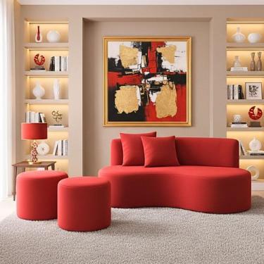 Imagem de Conjunto Sofá Curvo Orgânico + 2Puffs Nature Gaia Suede Vermelho - Mon