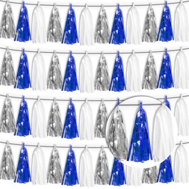 Imagem de 4P Faixa de borla azul marinho branco prata guirlanda folha metálica franja franja borlas pano de fundo para desfile, decorações de formatura 2025, decorações de festa de aposentadoria