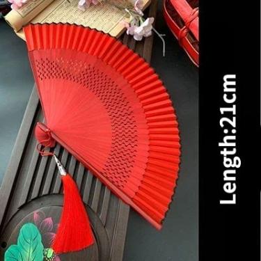 Imagem de HSYHKDSY Ventilador dobrável de bambu, estilo chinês antigo, vermelho, acessórios de fotografia, portátil, ventilador de presente de verão