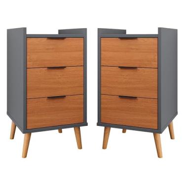 Imagem de Kit Com 2 Mesas De Cabeceira Quarto Estilo Retrô Mesa Lateral Decorativa Toni 3 Gavetas GB Plus Cor:Cinza Com Nature