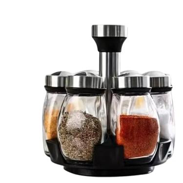 Imagem de Conjunto de Porta Temperos Giratório, Base Preta com 7 Potes de Vidro, Tampa Inox, Organizador para Condimentos e Especiarias