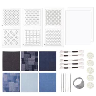 Imagem de Yushen Kit Sashiko para iniciantes, dedal de linha e agulhas Sashiko, padrões solúveis em água e tecido jeans, kit de bordado japonês para estofamento manual suprimentos de costura (padrão azul)