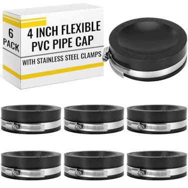 Imagem de Maasechs Pacote com 6 tampas de tubo de PVC flexível com grampos de aço inoxidável - tampas pretas duráveis para drenagem, águas residuais e tubos de ventilação, uso acima/abaixo do solo (10 cm)