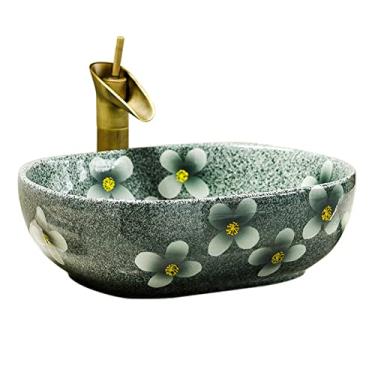 Imagem de Vessel Sink Vessel Vanity Sink 48.0 cmx38.9 cm Ceramic Bathroom Vessel Sink Bowl Oval Art Countertop Vanity Wash Basin com estampa floral (apenas 1 pia) Pia de banheiro Tigela pequena de cerâmica (Cor