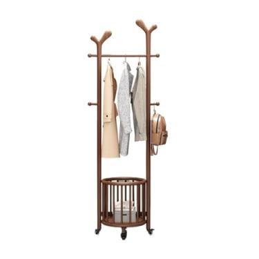 Imagem de Cabide de pé cabide para casacos e chapéus, cabide de madeira encerada branca com cesto de roupa, organizador de roupa para quarto, cabide portátil de pé para chapéus e casacos, esta