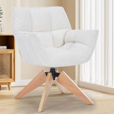 Imagem de SOERGO Cadeira com detalhes de meados do século, cadeira de lã de cordeiro, moderna e aconchegante, sem rodas, pernas de madeira para sala de estar, sala de leitura, quarto, branca