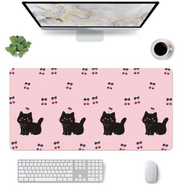 Imagem de Tapete de mesa grande, com desenho de gato cereja e gato estendido, mouse pad para jogos, couro rosa macio antiderrapante para desktop/escritório/casa/estudo/decoração/escrita