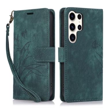 Imagem de Capa carteira para Samsung Galaxy S23 Ultra, capa de telefone de couro com padrão de borboleta de orquídea com 3 compartimentos para cartão e 1 compartimento para dinheiro, fivela magnética à prova de