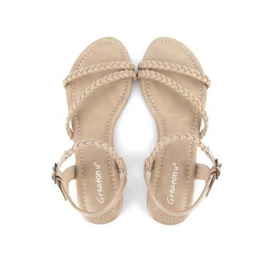 Imagem de Greatonu Sandália feminina sem salto salto gladiador de verão aberto com abertura no calcanhar trançado, Bege, 6