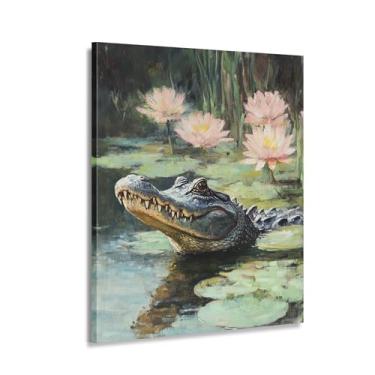 Imagem de CANLUNTE Pintura de arte de parede, decoração em tela, pintura a óleo realista, arte de parede em tela - crocodilo em lago de lótus, 61 x 91 cm, decoração de casa de vida selvagem (arte 3,5 cm x 142