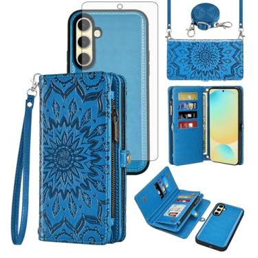 Imagem de Asuwish Capa de celular para Samsung Galaxy S24 FE 5G carteira com zíper destacável com protetor de tela de vidro temperado alça transversal mandala flor flip porta-cartão S 24 EF S24FE 24S feminino