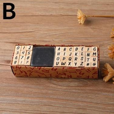 Imagem de Conjunto de 40 carimbos do alfabeto vintage de madeira de borracha com símbolo de letras com bloco de tinta preta para planejamento de cartões, scrapbook (B)