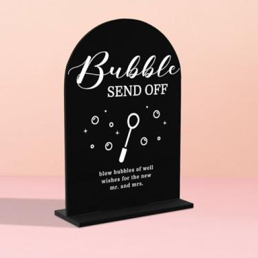 Imagem de Placa de casamento acrílica para cerimônia, caligrafia moderna arco acrílico placa de mesa para recepção de casamento e festa de evento - sinal de envio bolha (preto)