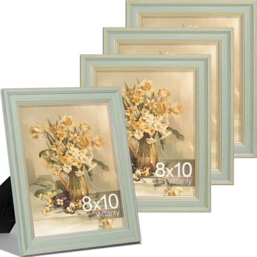 Imagem de Vittanly Conjunto de 4 porta-retratos 20 x 25 cm, moldura vintage para parede ou mesa, exibição de fotos 13 x 17 com tapete ou 20 x 25 sem tapete, decoração de casa de fazenda rústica, verde claro