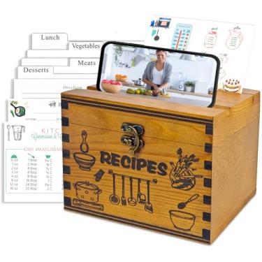 Imagem de GoShambar Caixa de receitas de madeira com cartões e divisórias, conjunto de caixa de cartão de receita, organizador de receitas com compartimentos de tampa dupla (suporte de telefone e suporte de