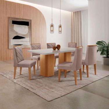Imagem de Mesa De Jantar Eloise 180cm Tampo MDF Com Vidro 6 Cadeiras Linho Capuccino Off White Naturale