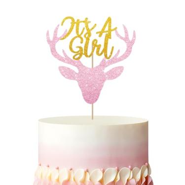 Imagem de Topo de bolo Oh Deer It's a Girl, decoração de bolo de chá de bebê de veado de Natal, enfeite de bolo de rena com glitter rosa para meninas 1º aniversário, férias de inverno, decoração de festa de