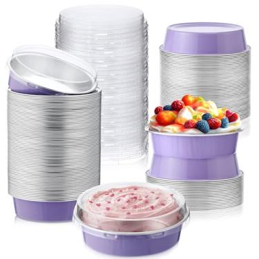 Imagem de Yinder 120 peças de ramequins descartáveis de 227 g com tampas, mini formas de torta de 10 cm, copos de creme brulee de folha de alumínio com tampas para casamento, Natal, cozinha, festa (roxo taro)