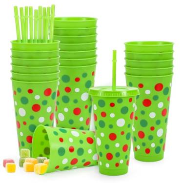 Imagem de FYSUIMU 12 copos de plástico de Natal com tampas, canudos, copos reutilizáveis, 680 g, vermelho, verde, bolinhas, caneca de viagem, copos para café gelado, bebidas, suprimentos de festa de Natal