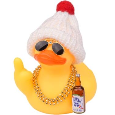 Imagem de MuMyer Patos de borracha para painel de carro, decorações de véspera de Natal, enfeite de carro de pato de borracha com chapéu de malha acessório legal, óculos de sol, colar, 9 cm