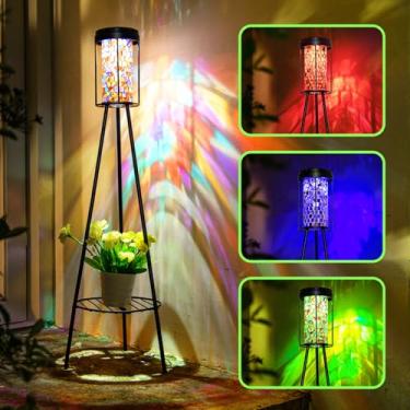 Imagem de Lâmpadas externas para pátio, luminária de chão externa com suporte de plantas, luzes RGB alimentadas por energia solar, lâmpada de pé à prova d'água para decoração de jardim e quintal, luminária de