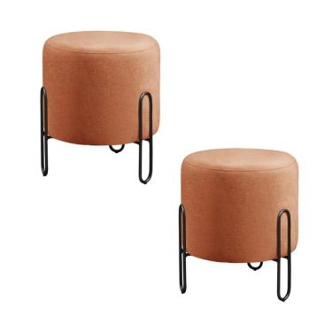 Imagem de Conjunto - 2 Puffs Banqueta Mali Luxo Base Metálica Preta Linho Terracota