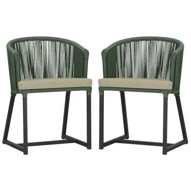 Imagem de 2 Cadeiras De Jantar Noronha Preta Corda Náutica E7 Trama Verde