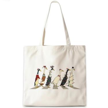 Imagem de CosxHabitat Sacola de pato de Natal, sacolas de lona para amantes de patos, chapéu de Papai Noel engraçado de Natal, patos e animais reutilizáveis, sacola de compras de supermercado