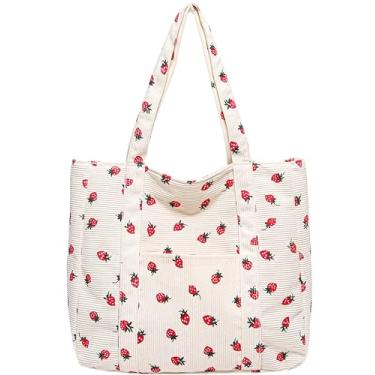 Imagem de bafayago Sacola de morango, linda sacola de veludo cotelê para mulheres adolescentes, sacolas reutilizáveis com zíper, bolsa de presente de supermercado (branca)