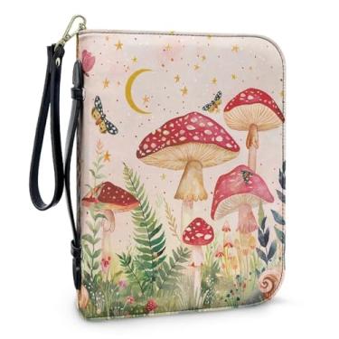 Imagem de QOPECUOY Bolsa feminina Bíblia com estampa de cogumelo capa bíblica de couro grande bolsas de viagem resistente escritura bolsa de transporte bolsas igreja com alça e alça de pulso destacável, tamanho