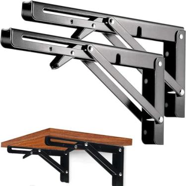 Imagem de AMBOJIE Suportes de prateleira dobráveis – 35,5 cm, 2 peças, suporte de prateleira triangular dobrável de aço inoxidável resistente, dobradiça de mesa dobrável DIY montada na parede, economia de