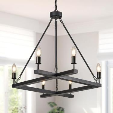 Imagem de Poemoon Lustre De Madeira Rústico Preto Fazenda L45'', Quadrado, Exclusivo, Com 6 Velas, Iluminação Pendente Teto Longo Para Cozinha, Sala Jantar, Hall Entrada, Quarto, Alto, E12