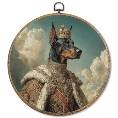Imagem de Sufamb Decoração de arte de parede redonda estilo renascentista Doberman Pinscher, presentes Doberman, arte em tela emoldurada, decorações de impressão de pendurar na parede de cachorro King Dobie