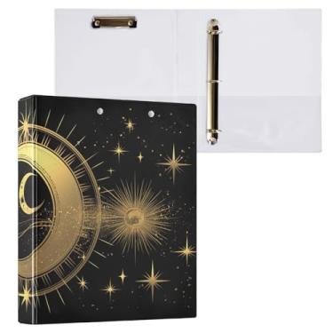 Imagem de Blueangle Fichário com 3 anéis de sol e lua dourados com prancheta e 2 bolsos - Organizador de documentos decorativos de 3 cm para escritório, suprimentos para reuniões (348)