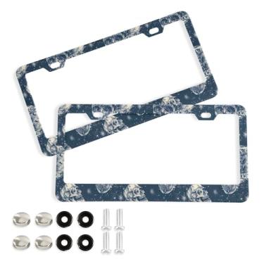 Imagem de SEHANY Molduras de placa de carro vintage rosa crânio, capas de alumínio à prova de ferrugem com furos elípticos e parafusos serve para veículos padrão dos EUA tamanho acessórios de carro para