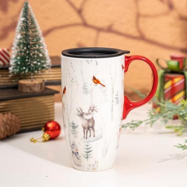 Imagem de DUSVALLY Caneca de cerâmica xícara de café de Natal canecas altas xícara de chá latte com tampa e alça 500 ml, veado