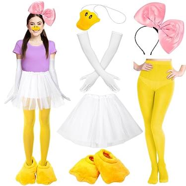Imagem de Wavyknot Conjunto de 6 peças de fantasia de pato de Halloween, inclui chinelos de nariz de pato, meia-calça com pés, faixa de cabeça, laço de cabelo, argola de cabelo, comprimento até o cotovelo