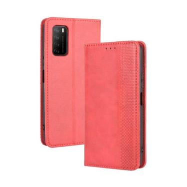 Imagem de Capa flip de couro para HUAWEI Honor Play 4,Flip magnético retro,Caso de telefone de couro PU,Design de carteira com 3 slots de cartão e 1 clipe de dinheiro -Red