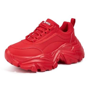 Imagem de K KIP WOK Tênis feminino grosso, moderno, plataforma, de couro branco, casual, para pai, confortável, plataforma, tênis esportivo, Vermelho, 40