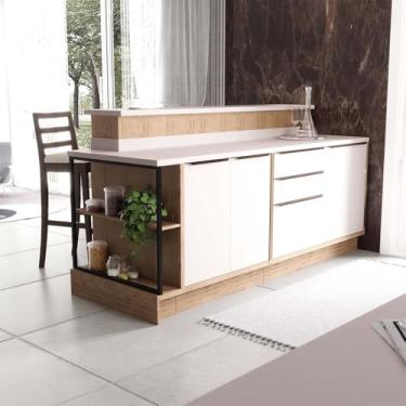 Imagem de Ilha de Cozinha com Bancada 100% Mdf Herval Ten, Off White e Louro Freijó, Sem Tampo