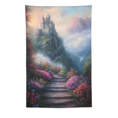 Imagem de Tapeçaria de parede para escada, castelo de montanha mágica, fantasia, penhasco, vale, paisagem, arte, para sala de estar, quarto, dormitório, apartamento, Fairycore, boho, aventura, decoração