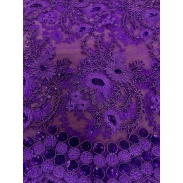 Imagem de Sedona Designz Tecido de renda floral com cordão de 122 cm/127 cm de largura com lantejoulas – Tecido de malha bordado para formatura e noiva com bordas recortadas, elegante para vestidos, decoração e