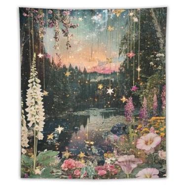 Imagem de Tapeçaria de parede extravagante floresta estrelada lago pendurado glitter galáxia noite cogumelos flores silvestres cottagecore decoração de sonho para quarto dormitório leitura recanto decoração