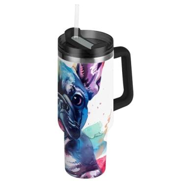 Imagem de Bonitos copos de buldogue francês em aquarela com tampa e canudos, copo térmico com alça garrafas de água de 1,134 g, copos de café quente isolados de aço inoxidável para carro