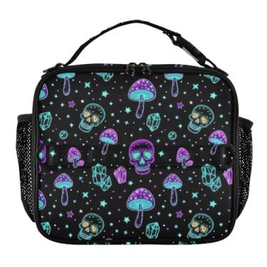 Imagem de Joisal Lancheira preta colorida com caveiras neon para mulheres, lancheira personalizada para meninas, crianças, homens, lancheira para trabalho, flores fofas, bolsa térmica para meninos