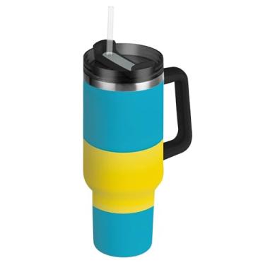 Imagem de Copos de bandeira mundial com tampas e canudo térmico de 850 g com alça garrafa de água isolada de aço inoxidável caneca de café quente para carro