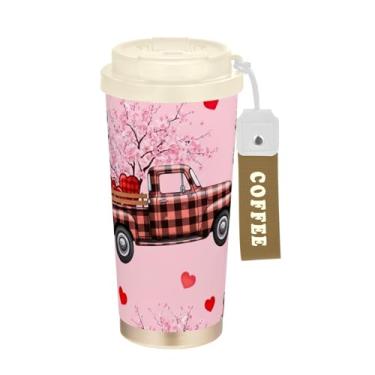 Imagem de TSENQUE Copo de café de 473 ml com canudo e tampa, revestimento cerâmico, isolamento a vácuo, caneca de café de aço inoxidável à prova de vazamento, corações de caminhão xadrez rosa floral